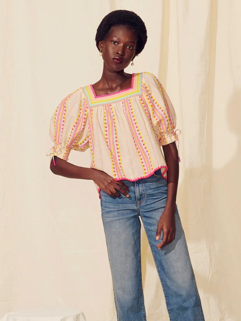 Saylor Caron Top Blouse Square Neck Neon Stripe Short Puff Sleeve Cotton Size XS